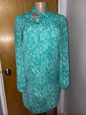 CeCe Aqua Teal Abstract Long Sleeve Tie-Neck Blouse